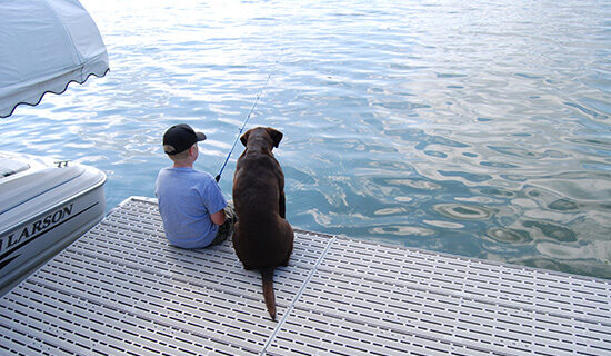 A boy in a blue shirt sitting on a dock holding a fish pole next to a brown dog. The dock is using Titan classic and the blue lake water is in the background.